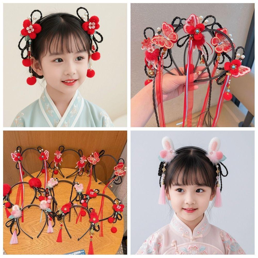 Flower Children Wig Headband Butterfly Hanfu Headwear Lovely Chinese New Year Headwear Daily