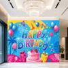 Vibrant Tropical-Themed Celebration Banner with Bold Happy Birthday Lettering, Colorful Balloons, Palm Trees, Lollipops, Gift Boxes and