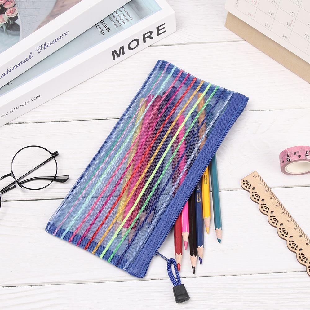 Purse Makeup Stationery Rainbow Color Nylon Grid Cosmetic Storage Mesh Pen Bag Zipper Pencil Case