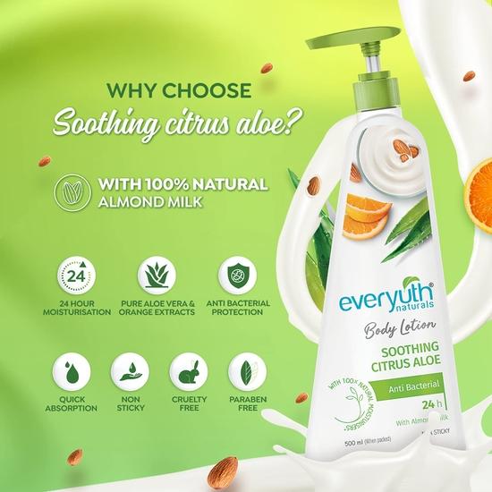 Everyuth Naturals Body Lotion Citrus Aloe|Мгновенное увлажнение|Успокаивающий|24-часовое увлажнение|для мужчин и женщин|100% натуральное миндальное молоко - 500 мл