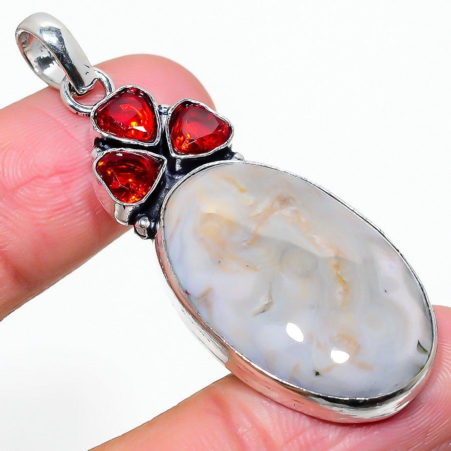 Ocean Jasper, Garnet Handmade 925 Sterling Silver Pendant 2.21" d8S71