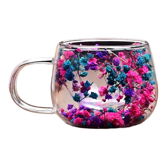 Двухстенное стекло из боросиликата, изолированные чашки, набор из 4 высоких кофейных кружек с красочным лепестком