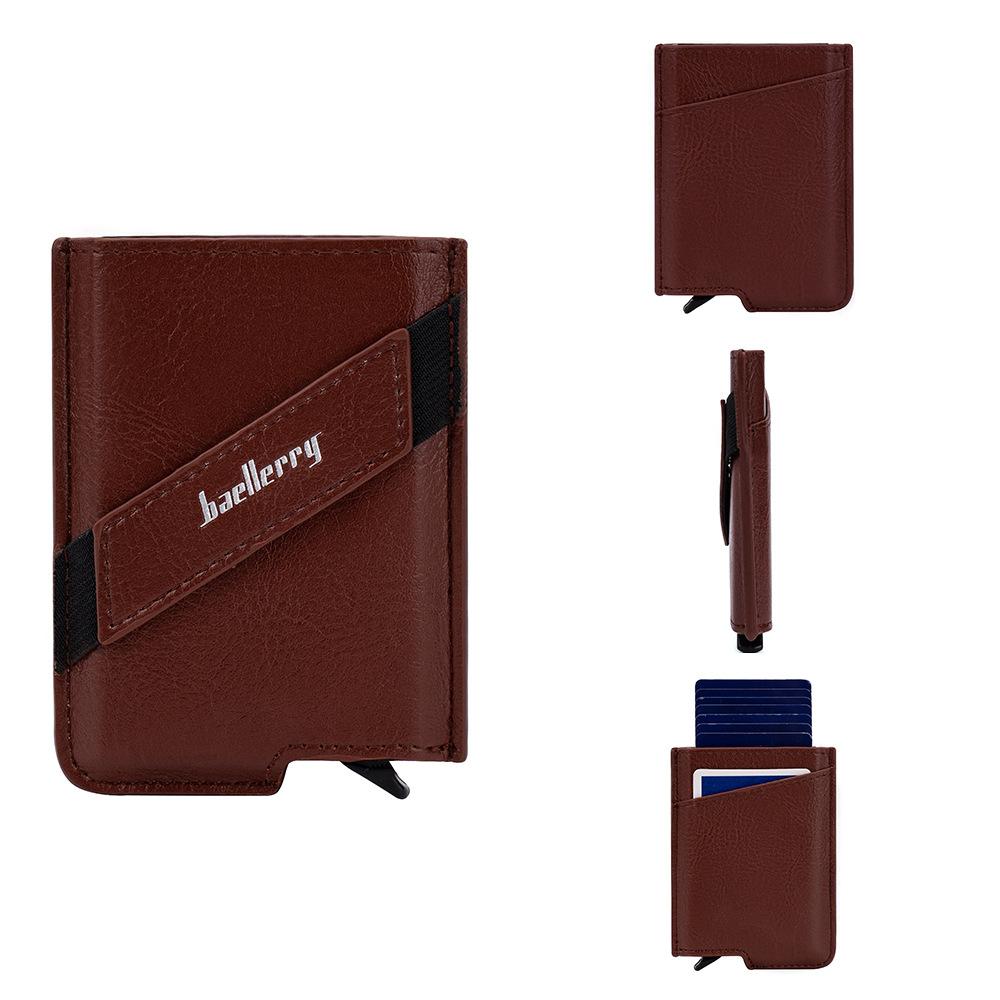 Baellerry Мужская мода Всплывающий держатель для карт с защитой RFID Кошелек большой емкости из искусственной кожи Антимагнитный алюминиевый чехол с эластичным ремешком