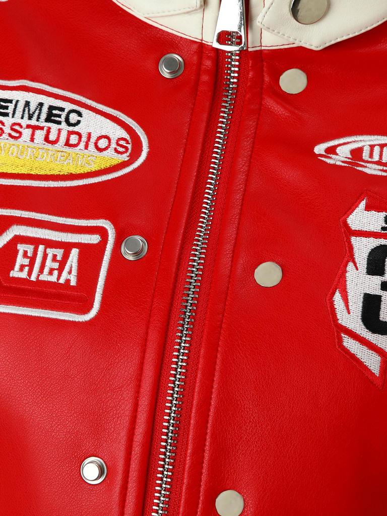 Женская мотоциклетная куртка из ПУ кожи в стиле колор-блок с вышитой нашивкой и воротником-стойкой