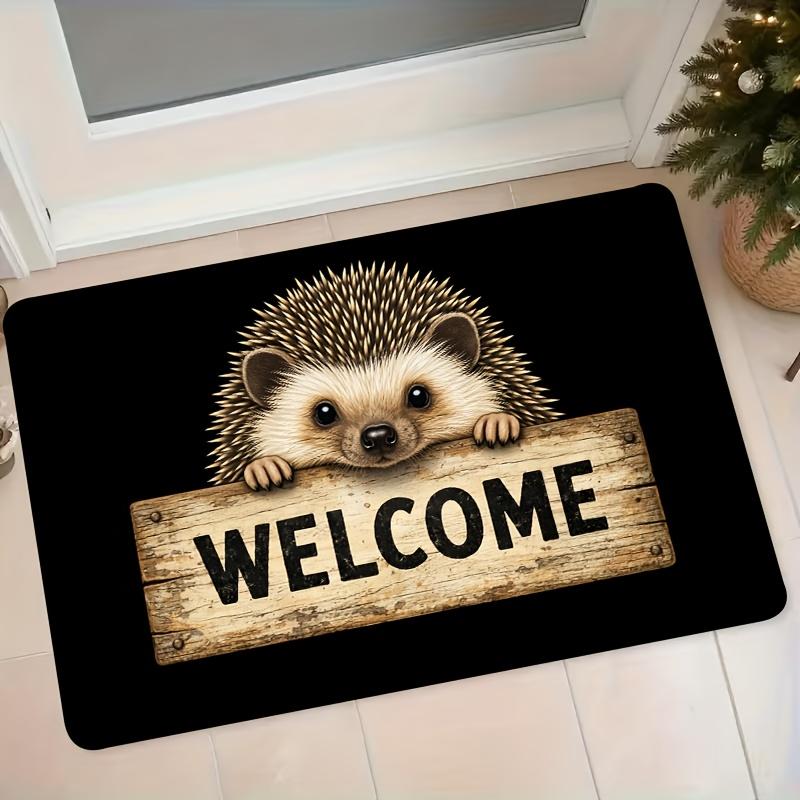 1pc Cute Hedgehog Holding Welcome Sign Flannel Mat Entrance Hall Anti-Slip Water-Absorbing Door Mat Home Bedroom Bathroom Doorway Foot Mat