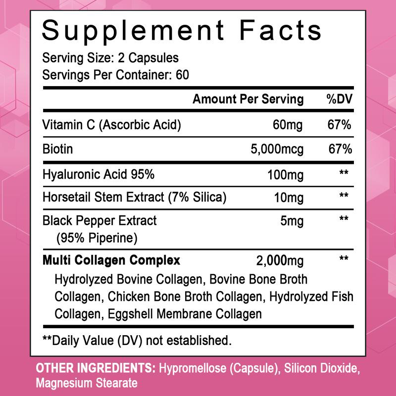 Multi Collagen Complex Dietary Supplement, With Vitamin C, Biotin, 120 Capsules Per Bottle