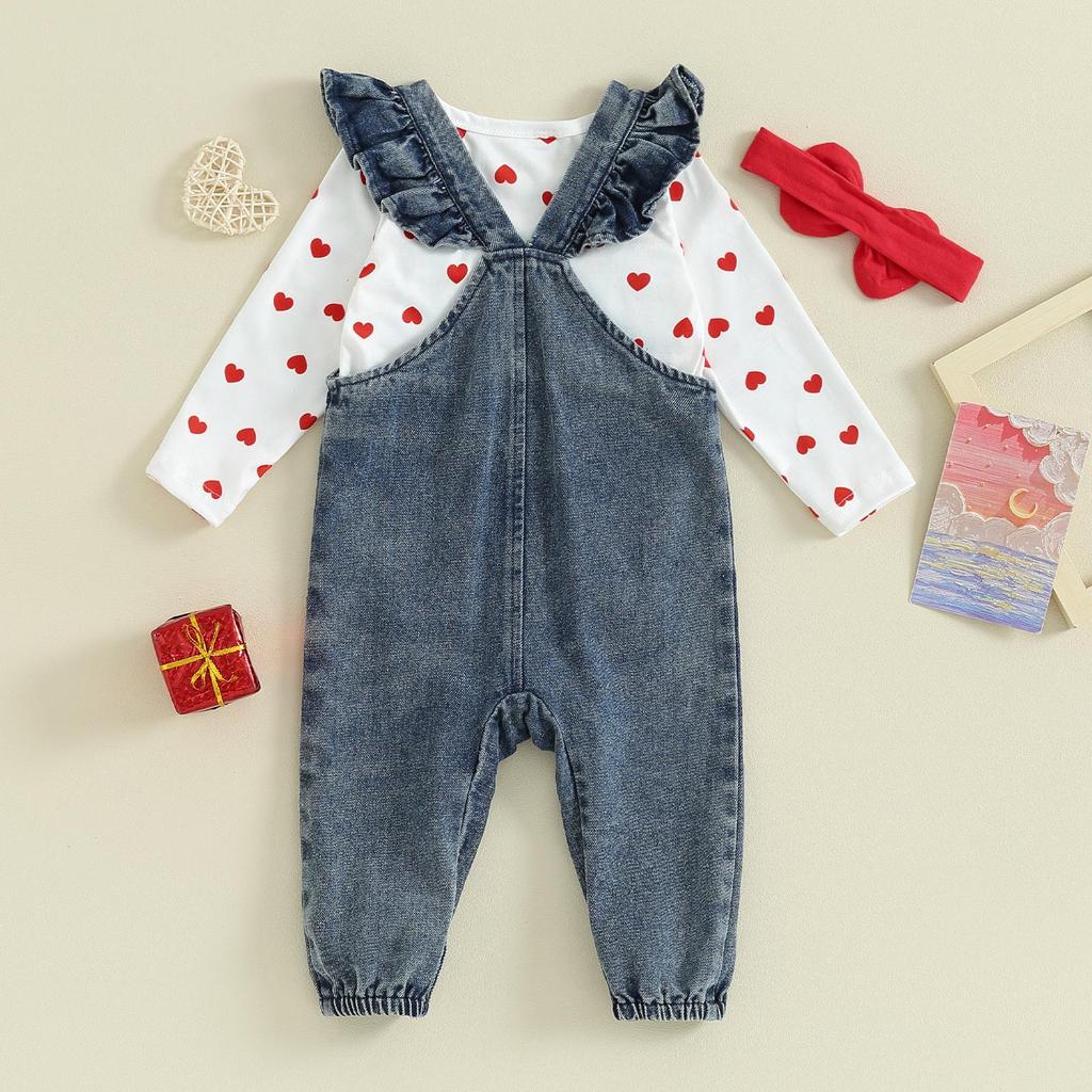 Одежда на День святого Валентина для маленьких девочек, комбинезон с длинными рукавами и принтом в виде сердца, джинсовый комбинезон с вышивкой медведя, брюки, повязка на голову, 3 мес, 6, 9 мес, 12 мес, 18 мес