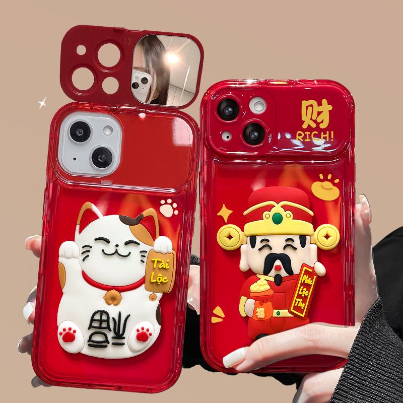Applicable To Apple 15 Mobile Phone Case IPhone 14 Promax Lucky Cat Doll Lanyard 13 Flip Mirror 11/12