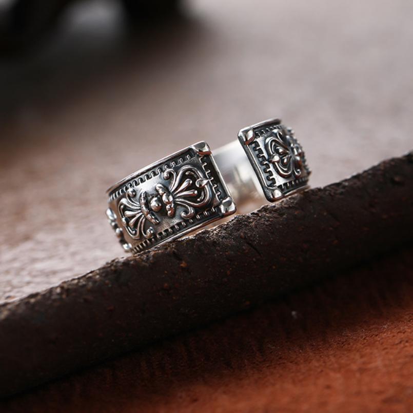 S925 Sterling Silver Mantra Saint Religious Ring Thai Silver Six -Character Mantra Cylinder Opening Adjustable Ring Jewelry