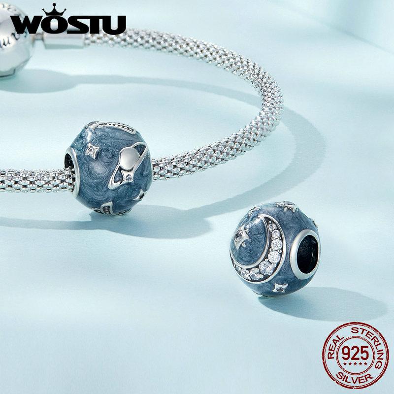 WOSTU Очаровательные лунные бусины со звездами и галактиками из стерлингового серебра 925 пробы в стиле темной ночи, подходят для изготовления женских браслетов и браслетов своими руками, ювелирных изделий