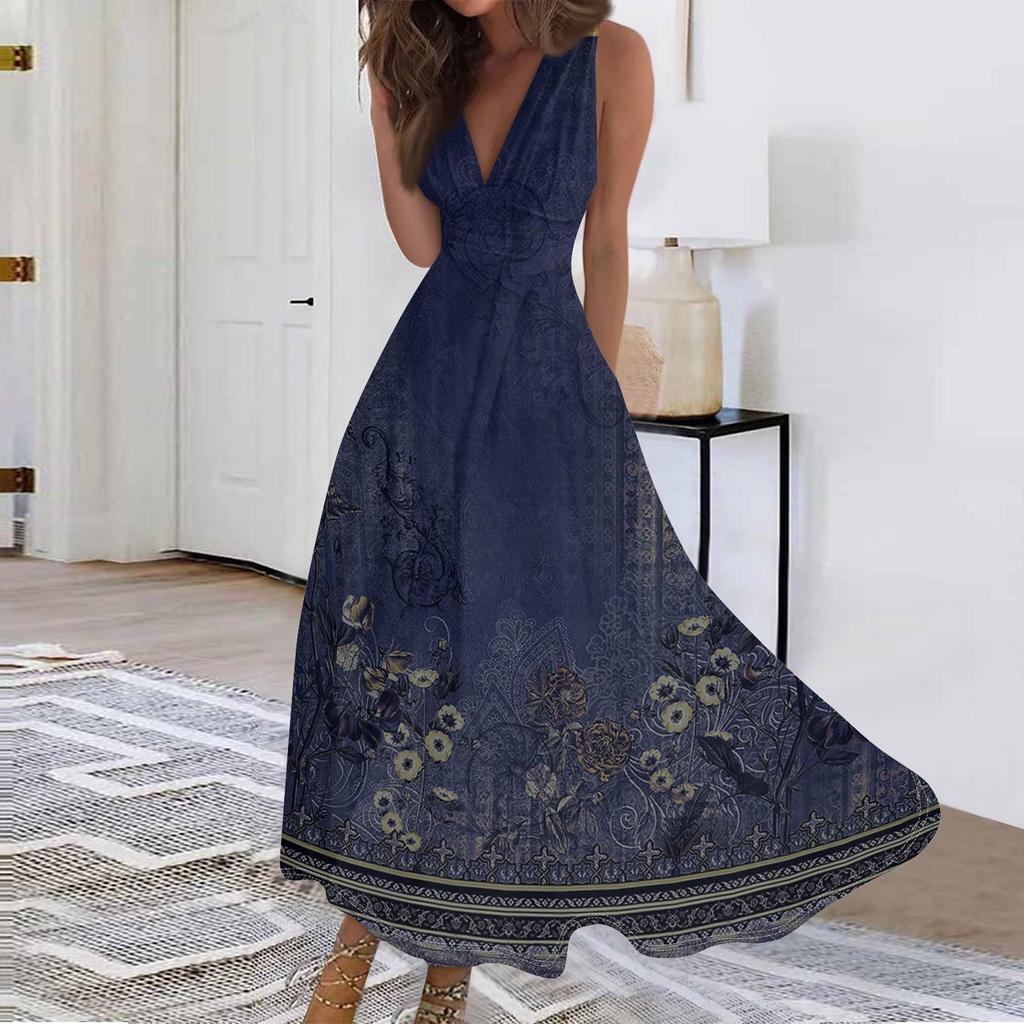 Женские модные повседневные свободные платья с V-образным вырезом без рукавов с принтом