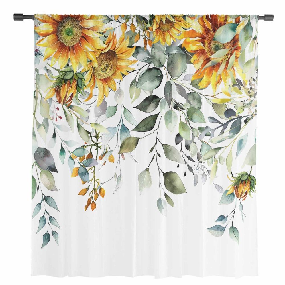 Plant Leaves Sunflower Flower Sheer Curtains for Living Room Decoration Window Curtains for Kitchen Tulle Voile Organza Curtains