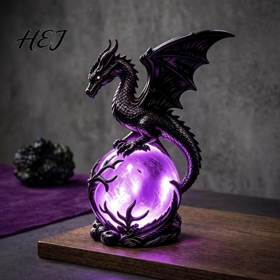 Dragon Sculpture for Living Room Gothic Night Light, Resin Statue with Purple Glowing Crystal Sphere, Fantasy Table Lamp Halloween Home Desktop Shelf