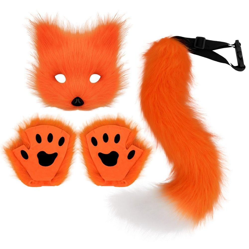 Novelty Simulation Fox Mask Gloves Dress Up Plush Animal Ears Mask Masquerade Party Tail Set Halloween Day
