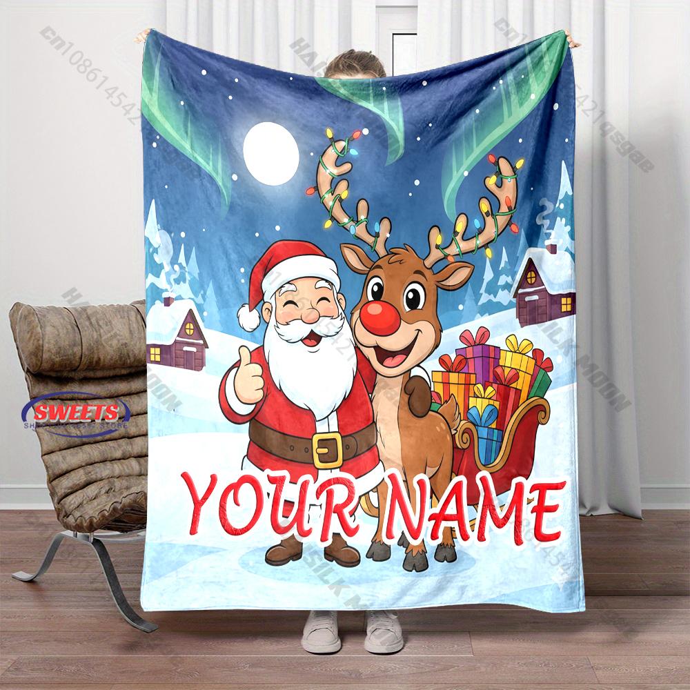 Custom Name Angel Christmas Blanket Retro Watercolor Cherub Golden Bell Flannel Throw Blanket Traditional Xmas Decor