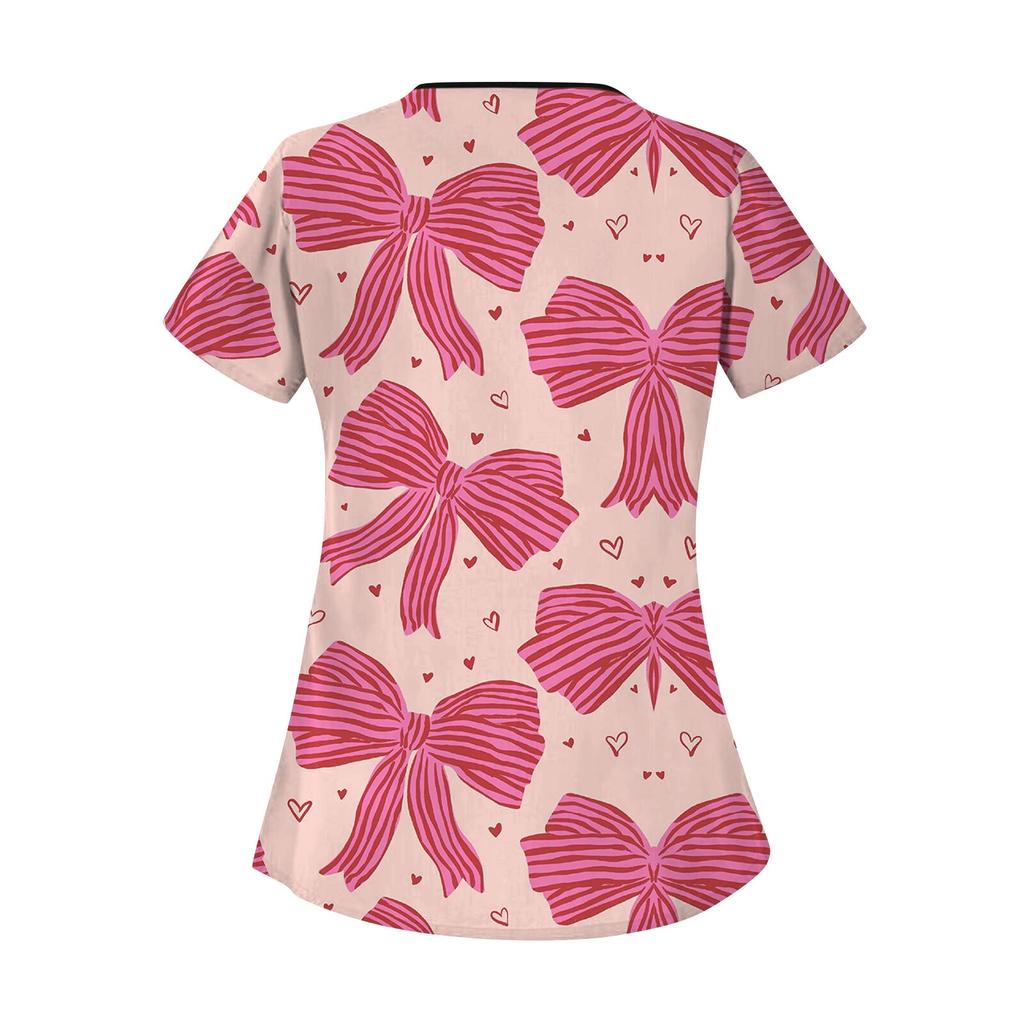 Женская мода с бантом и принтом, короткий рукав, рабочая одежда с двойными карманами