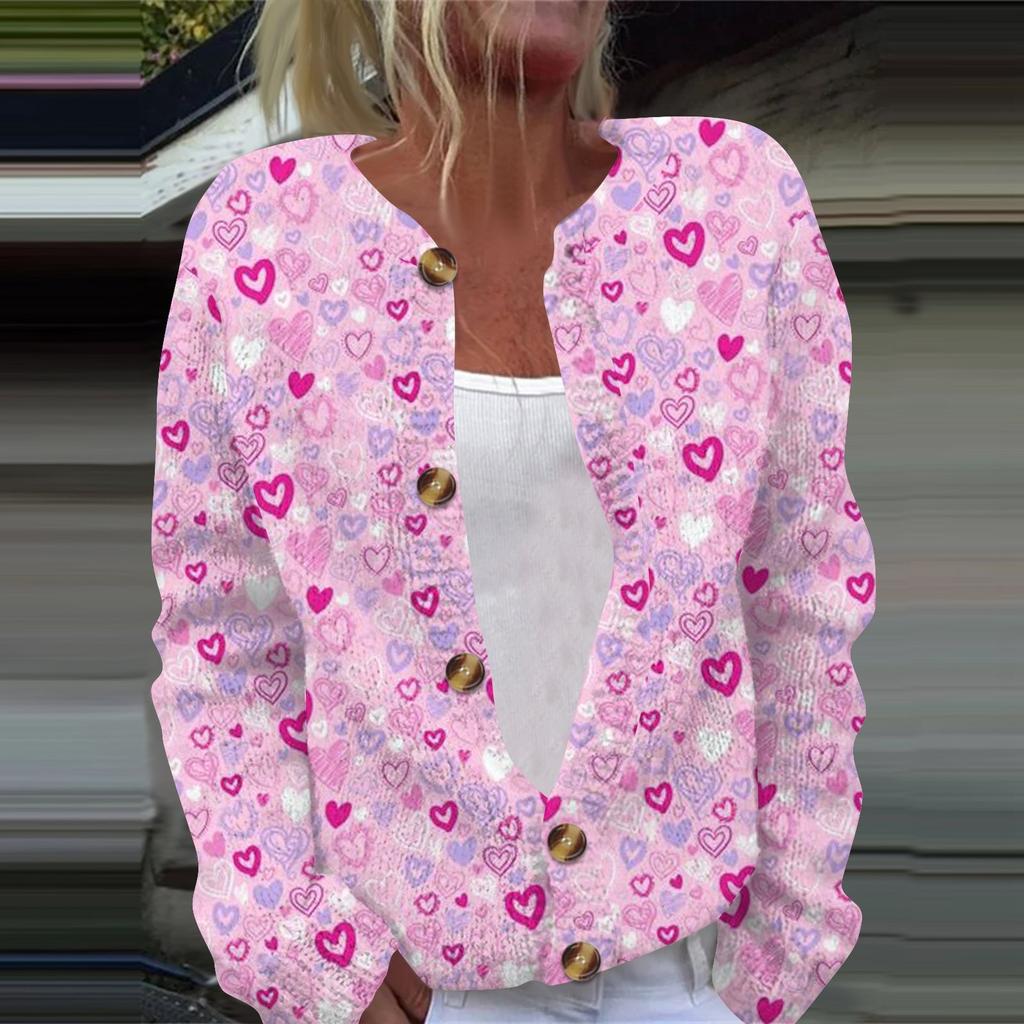 Women's Fashion Printed Valentine's Day Long Sleeved Knitted Cardigan Button Down Jacket