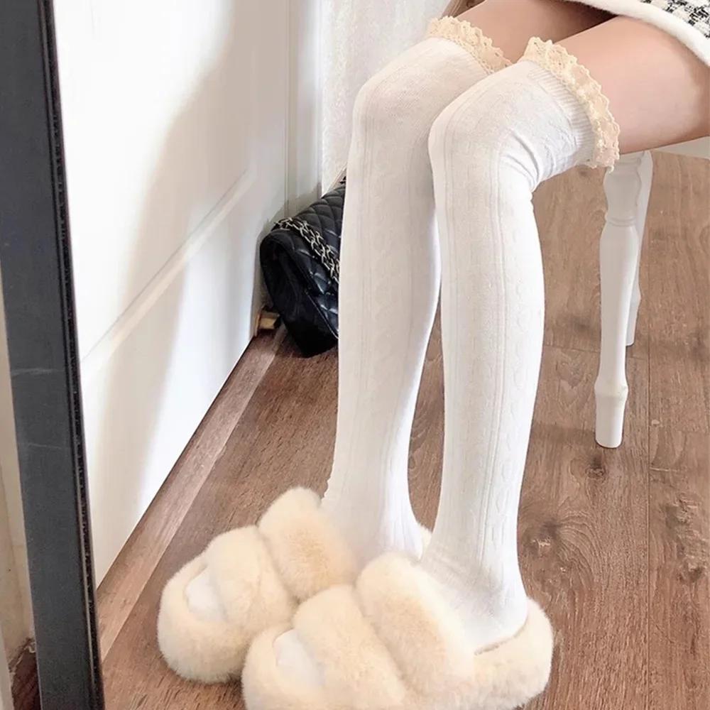 New Style Sexy Vintage Lace Long Knee Socks Premium Feel Light Warm Black White Grey Over Knee JK Tights
