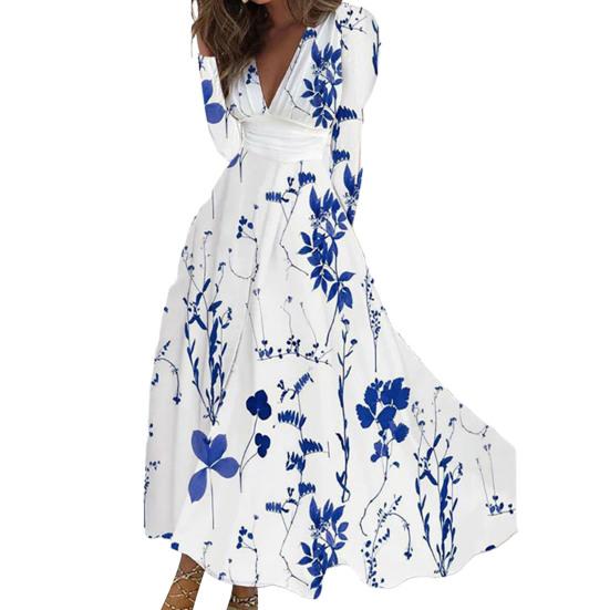 Women Elegant Floral Print Maxi Dress V-neck Waist Gown Long Sleeve High Dress A-Line Long Dress Streetwear