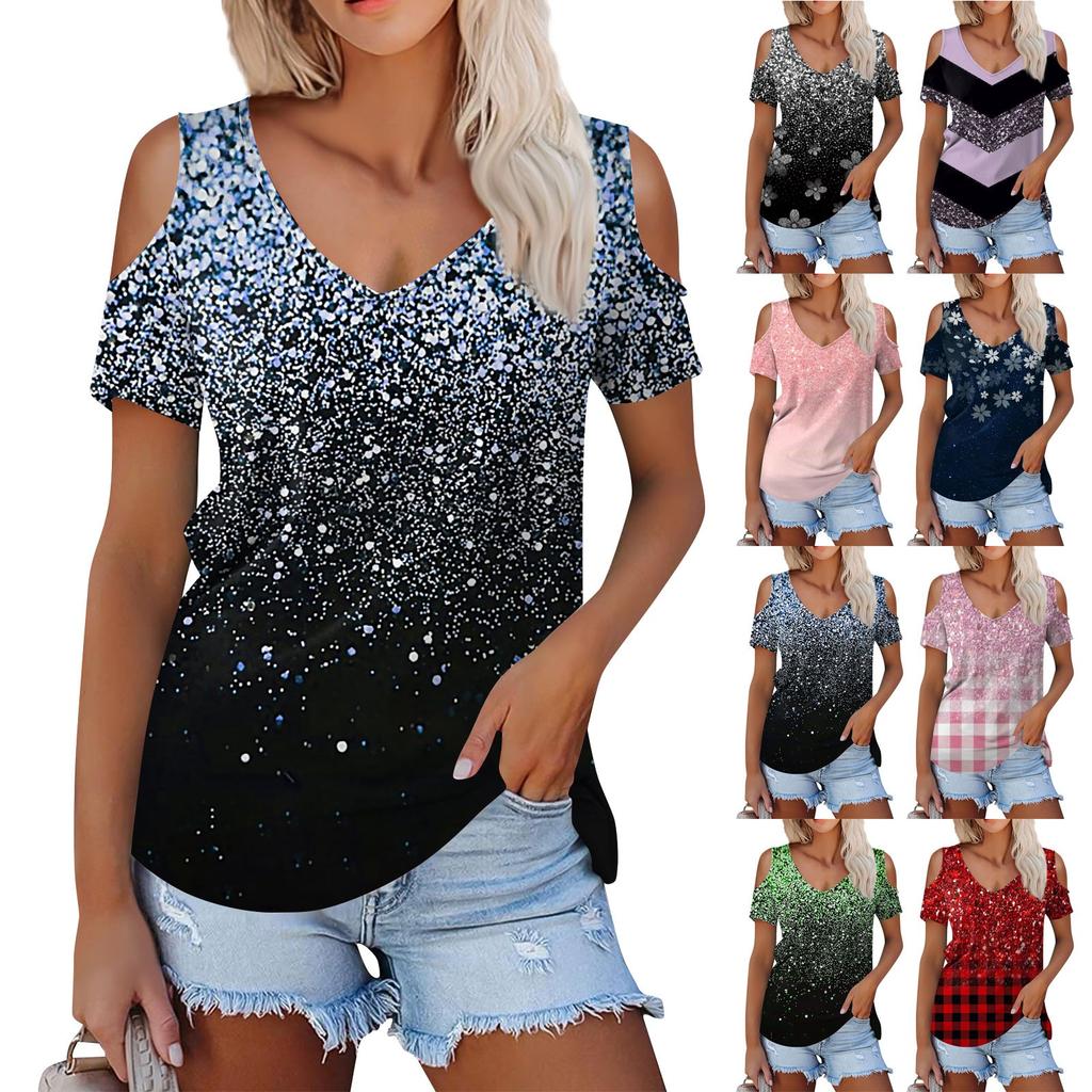 Женская летняя модная повседневная футболка без бретелек с v-образным вырезом и коротким рукавом с принтом, топ