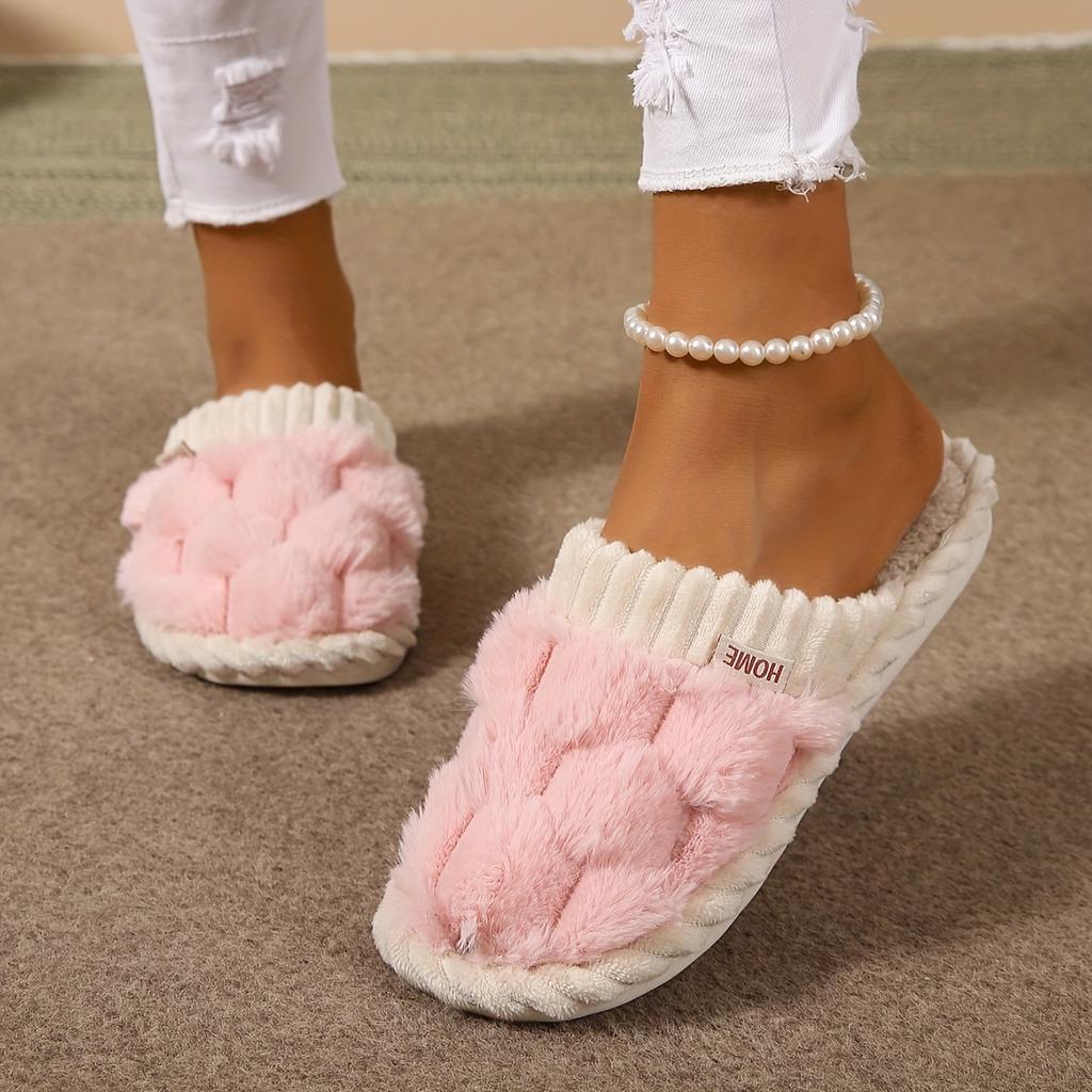 1 Pair Faux Fur Slippers, Casual Slip On Plush Lined Shoes, Comfortable Indoor Home Slippers