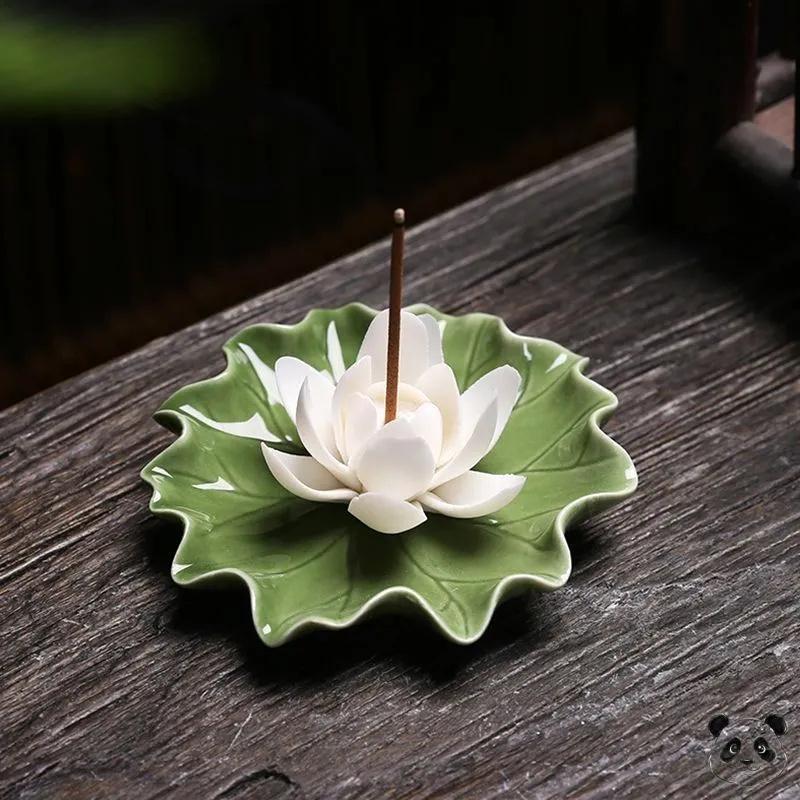 Handcrafted Lotus Leaf Incense Holder Ceramic Incense Burner for Tea Room and Tea Table with Lotus Flower Design and Curved Leaf Shape