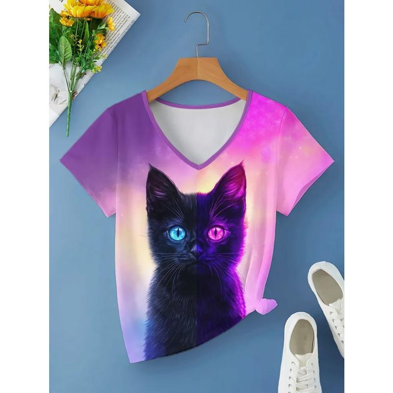 Casual Fashion Simple Abstract Painting Animal Black and White Cat Breathable 3D Printed V-neck Short Sleeve T-shirt Casual Sports Shirt