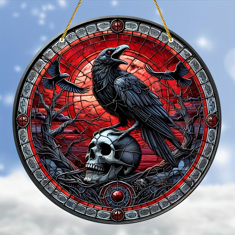 Crow Suncatcher 8"x8" - красочное искусство черепа для окон и стен, идеально подходит для любого сезона, декор крыльца и сада, идеальный подарок, украшения на Хэллоуин