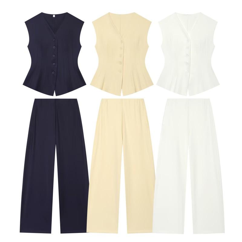 Womens Vintage-Inspired Cropped Vest High-Waisted Balloon Wide-Leg Pants Set Casual Two-Piece Outfit
