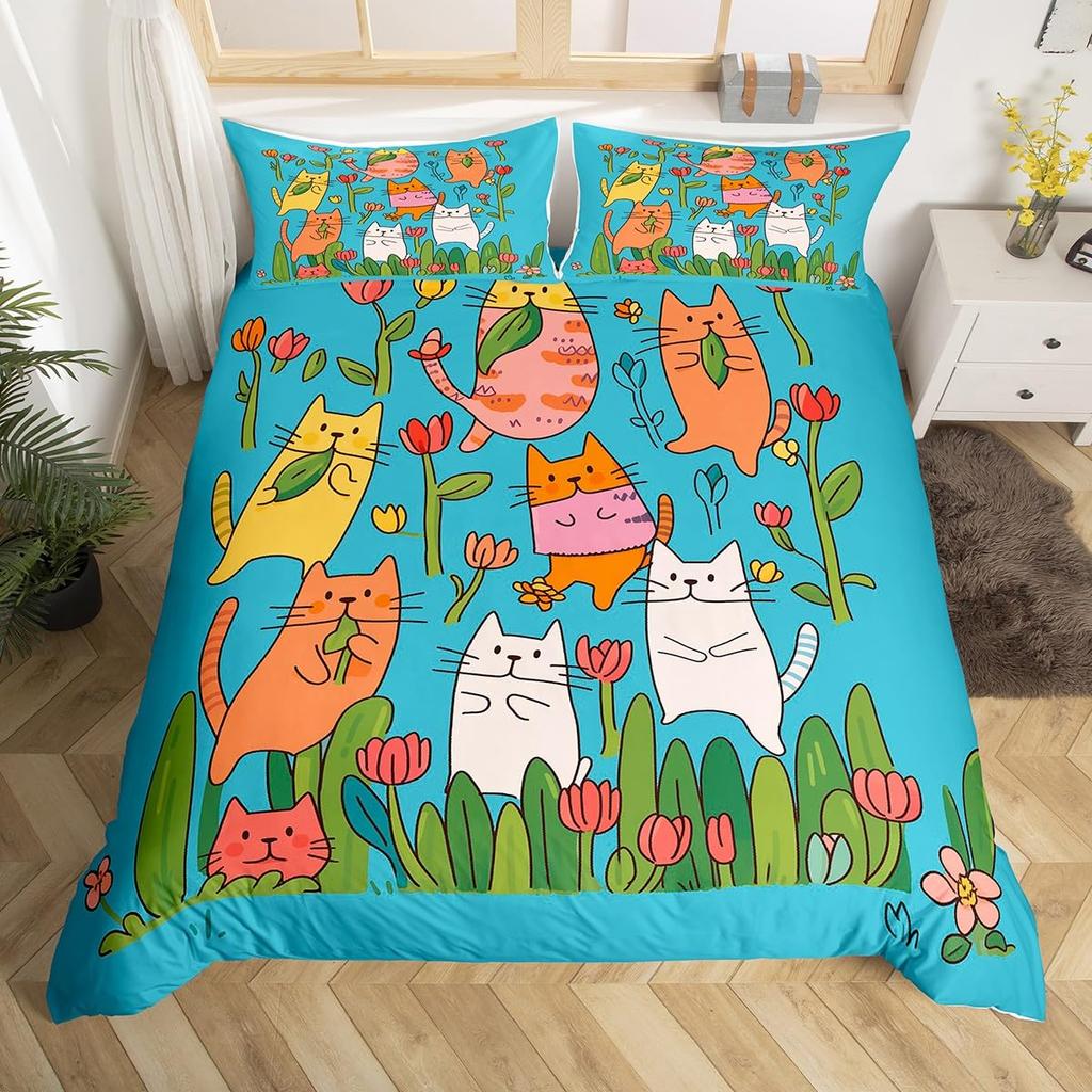 Kawaii Cat Duvet Cover Pink Bowknot Kitten Bedding Set Sweet Pet Animal Comforter Cover Princess Bow Girly Polyester Quilt Cover