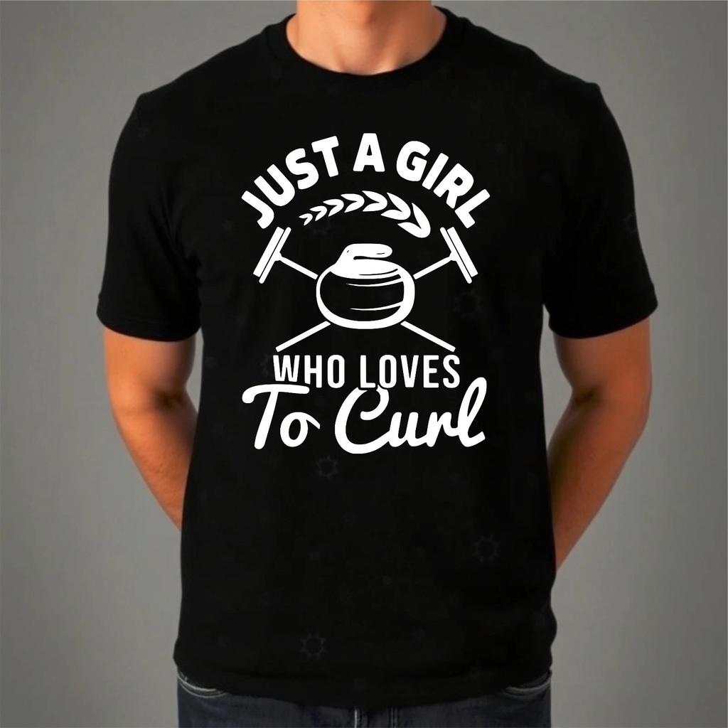 Just A Girl Who Loves To Curl T-Shirt, Curling Sports Fan Gift Graphic Tee Top