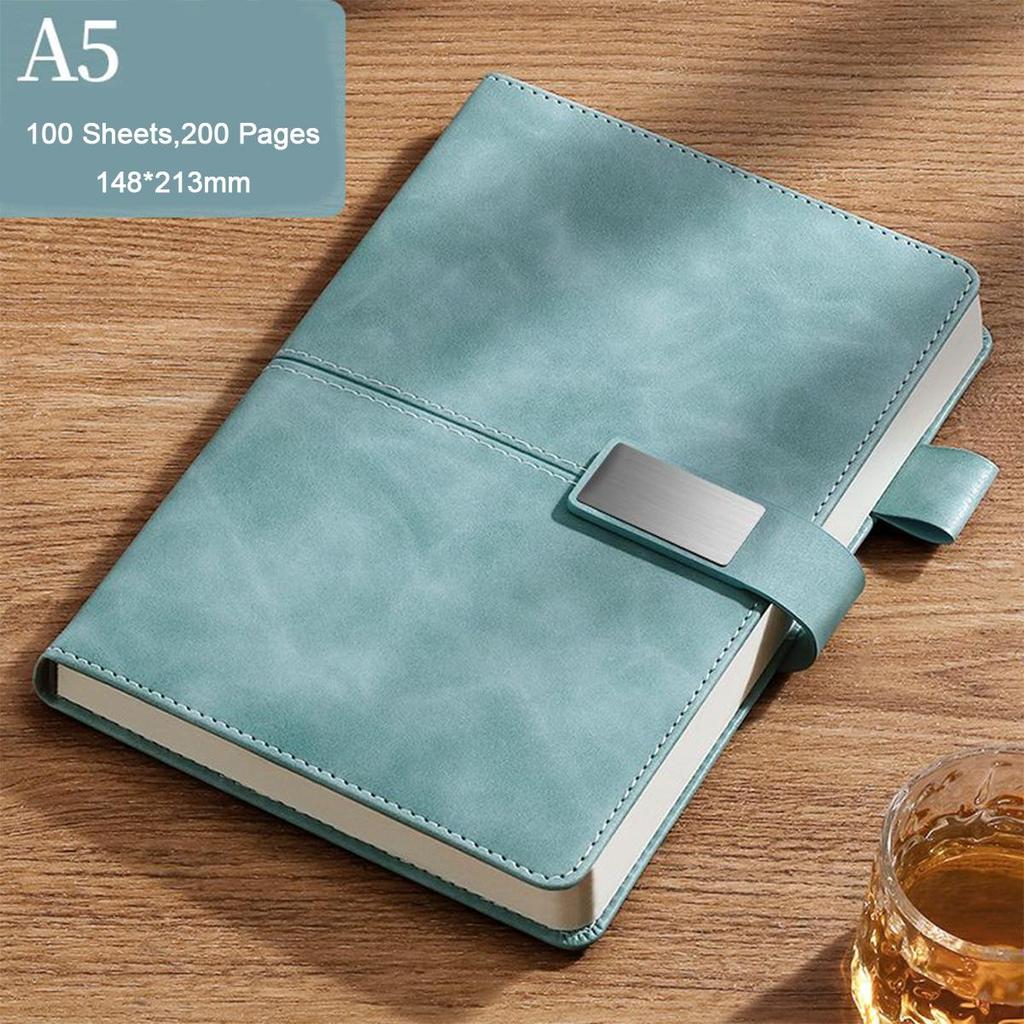 A5 Thickened Business Leather Buckle Notepad, Student Study Notebook, Work Meeting Record Book, Diary, 100 Sheets 200 Pages