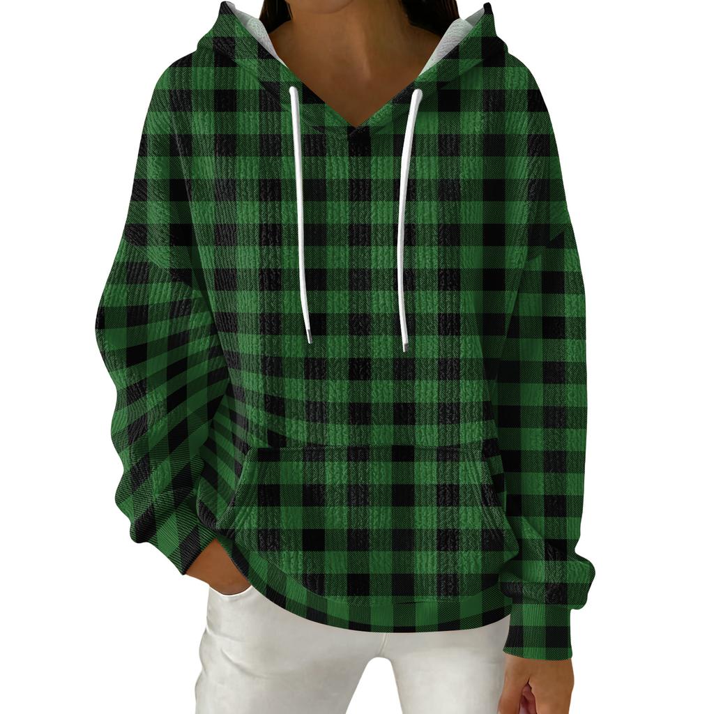 Women's Fashion Casual Plaid Print Pullover Long-Sleeve Hooded Sweatshirt