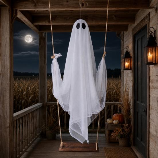 Halloween Ghost Decoration, Large Hanging Swing Ghost with LED String Lights, Battery Powered Ghost Figure for Outdoor Indoor Halloween Party Yard