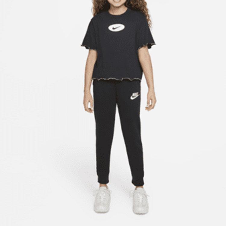 Nike Футболка Dri-FIT с цветными блоками, логотипом и оборкой по низу, с круглым вырезом и короткими рукавами, детские топы, черная DQ4392-010