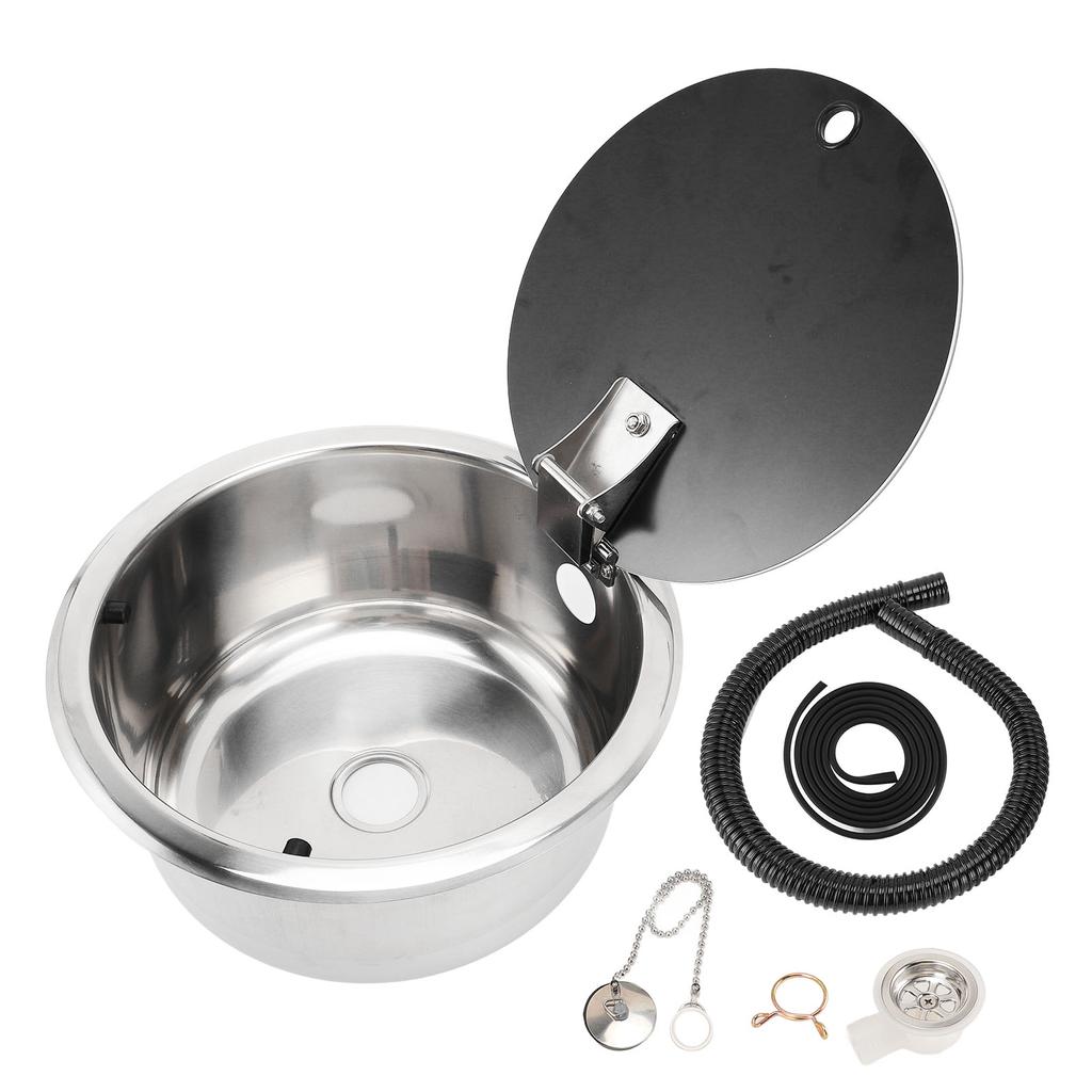 RV Bar Sink 10.2 X 5.1inch Stainless Steel Round Kitchen Sink with Tempered Glass Lid 40mm Drain Hole for Boat Caravan
