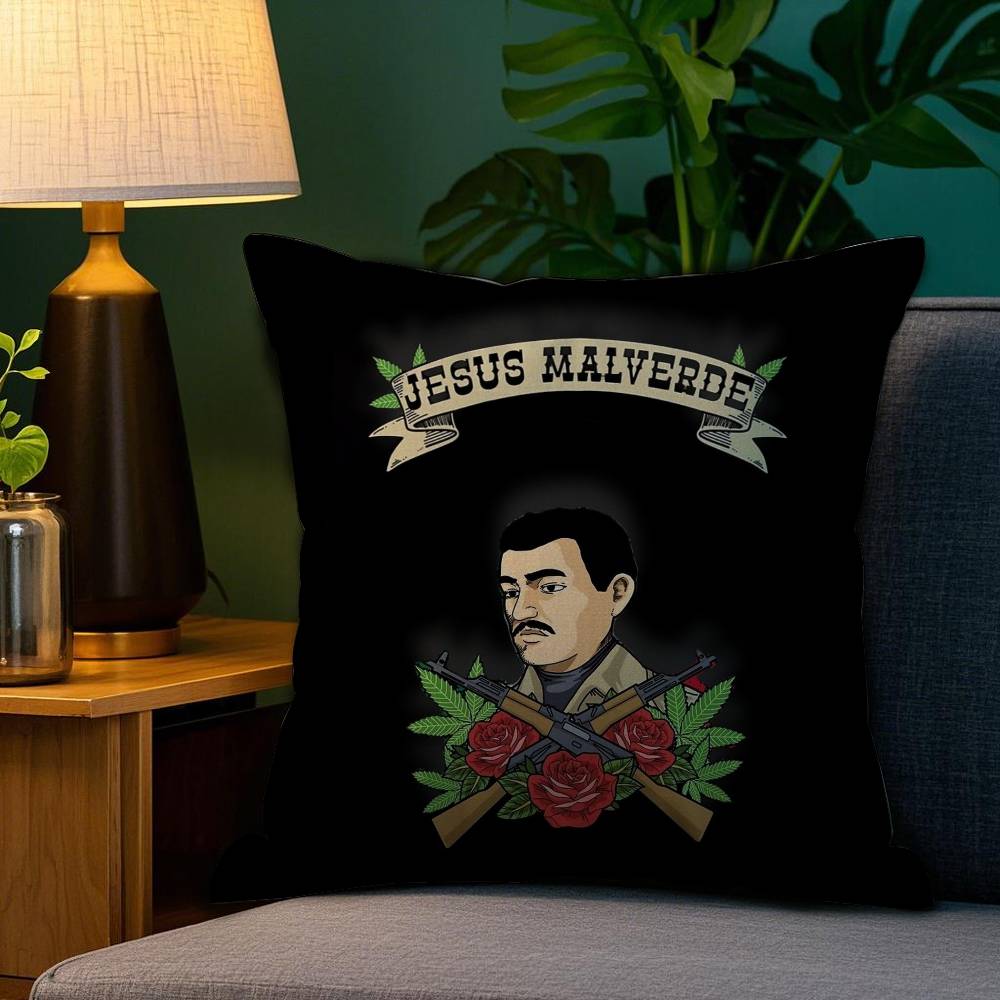 J-Jesus Malverde Pillow Case Plush Fabric Soft Double Sided Print Home Sofa High Quality Cushion Cover Throw