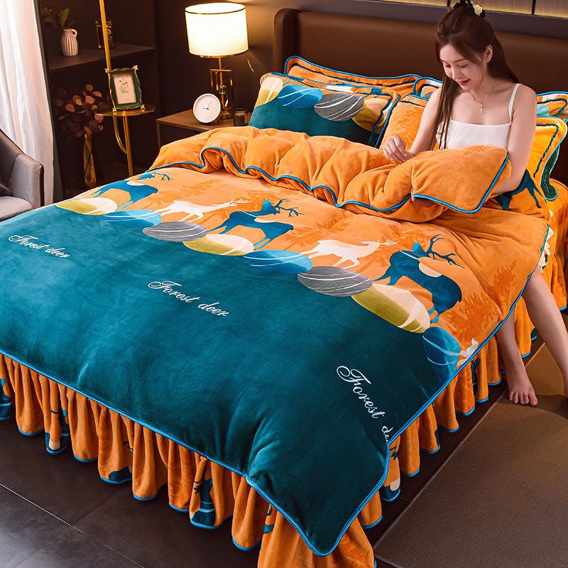 Утолщенный Молочный Флис Четырехпредметный Пододеяльник из Кораллового Флиса, Флисовая Простыня, Двустороннее Флисовое Фланелевое Постельное Белье, Юбка для Кровати