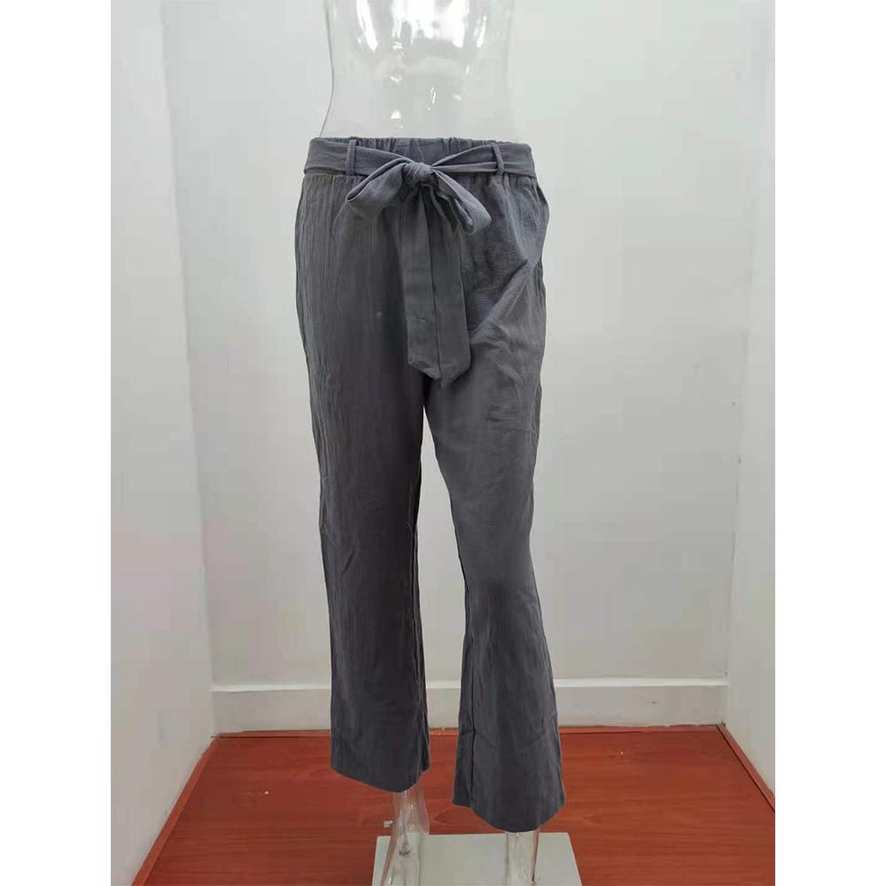 Женские льняные хлопковые брюки, осенние повседневные однотонные прямые брюки с эластичной резинкой на талии, свободные длинные брюки 2021