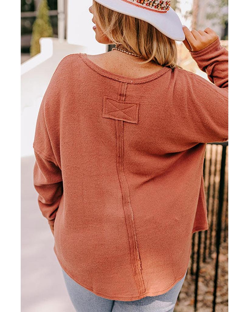 Azura Exchange Gold Flame Plus Size Exposed Seam V Neck Long Sleeve Top