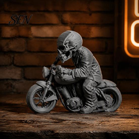 3D Printed Resin Model Skull Motorcycle Rider Statue, Cool Gothic Biker Skeleton Halloween Party Decoration Figurine, Motorbike Sculpture Desktop Car