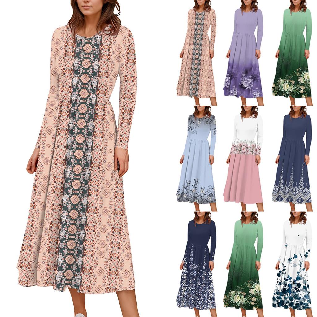 Женское платье миди в стиле бохо с цветочным принтом, повседневное, с длинным рукавом, струящиеся платья со сборками и карманом, лето и весна