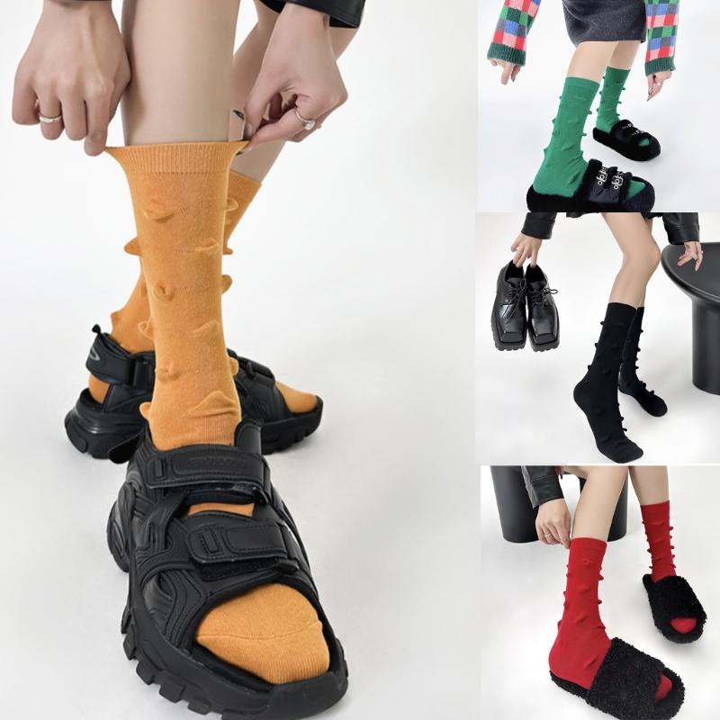 Womens Harajuku Cotton Crew Socks 3D Raised Point Cute Hedgehog Thorns Solid Color Skateboard Middle Tube Calf Socks