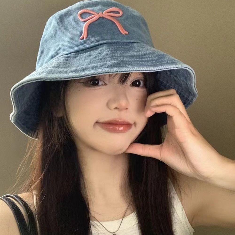 Korean Bow Embroidery Hat Sweet Washed Denim Hat Trendy Bowknot Bucket Hat for Girls