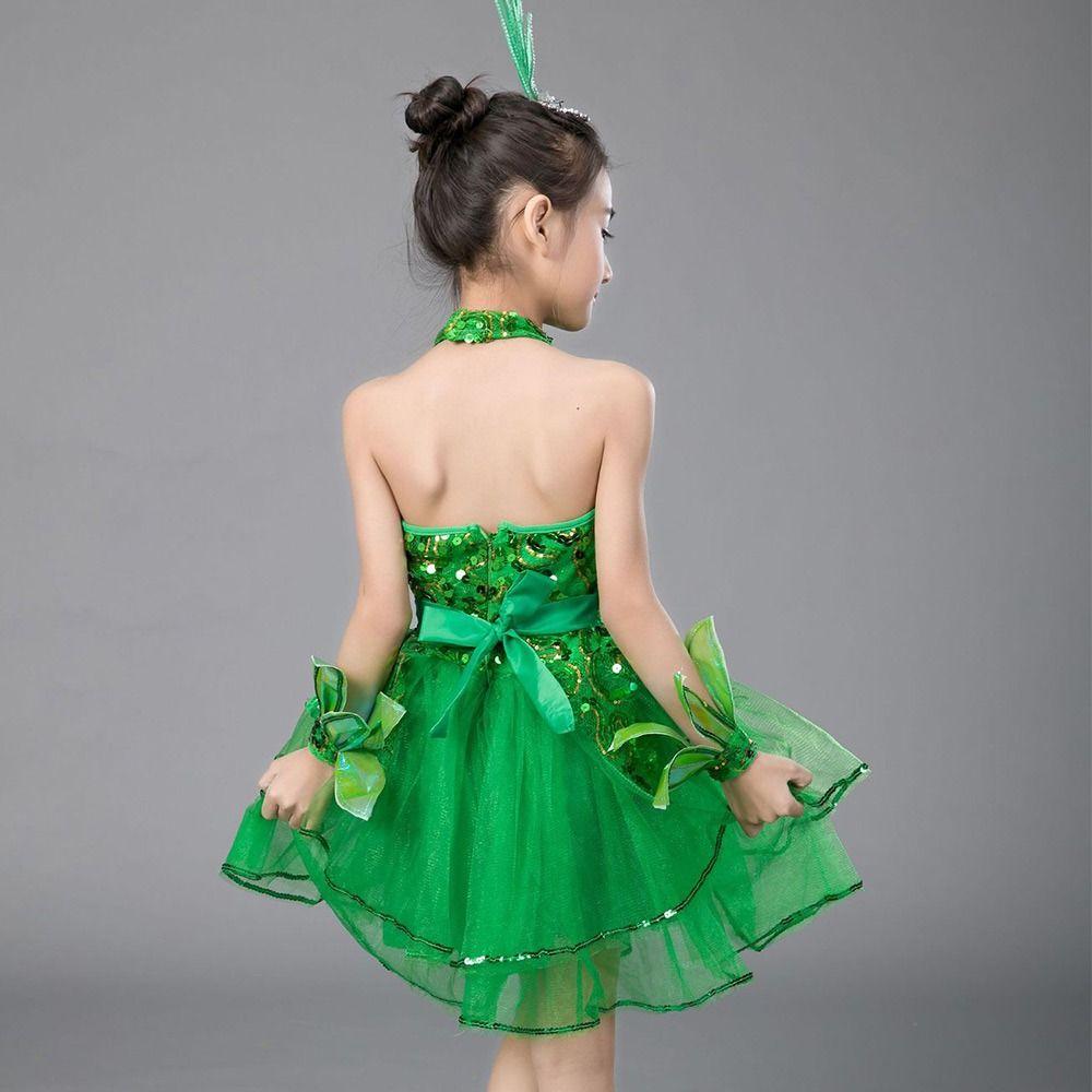 Green Sequin Children Ballet Dance Dress with Headwear Wristband Puffy Dress Kids Girls
