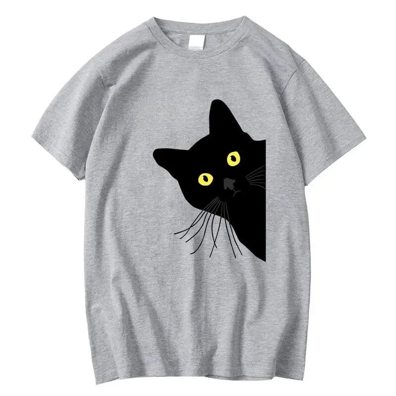 Летняя футболка с круглым вырезом и принтом черного кота, модная повседневная из чистого хлопка, с короткими рукавами, женская
