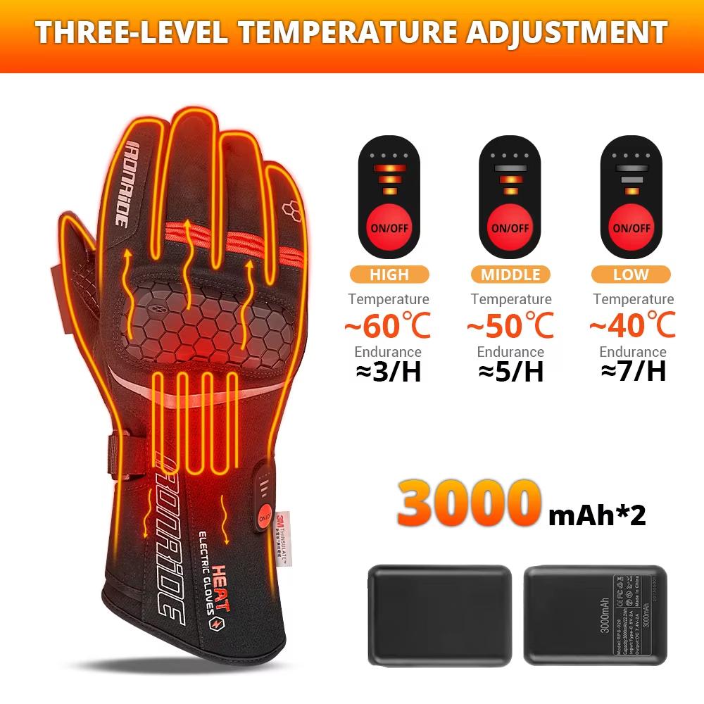 Winter Moto Heating Gloves 3000mah Winter Heated Motorcycle Gloves Touch Screen Waterproof Windproof Motorbike Gloves