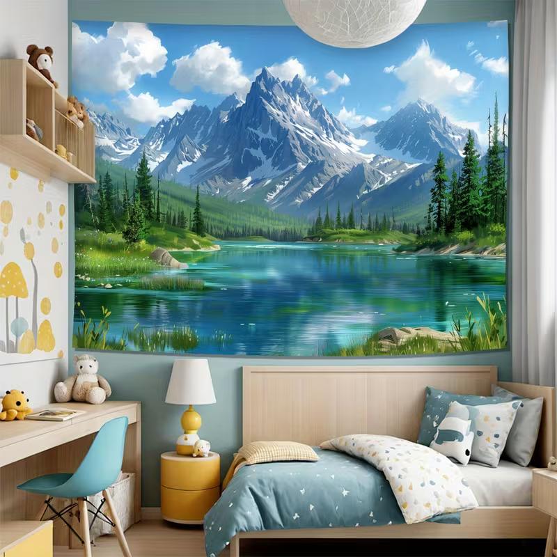 2D Peaceful Lake Mountain Backdrop, Snow-Capped Peaks & Forest Photo Background