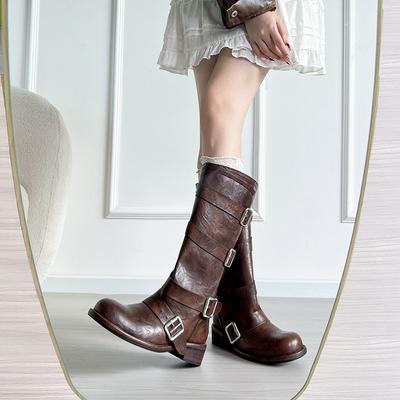 Версия из овчины~ стойка голенища, пряжка ремня для подиума, модные ботинки, осень и зима, новые, ретро, толстый каблук, но ботфорты до колена, длинные ботинки