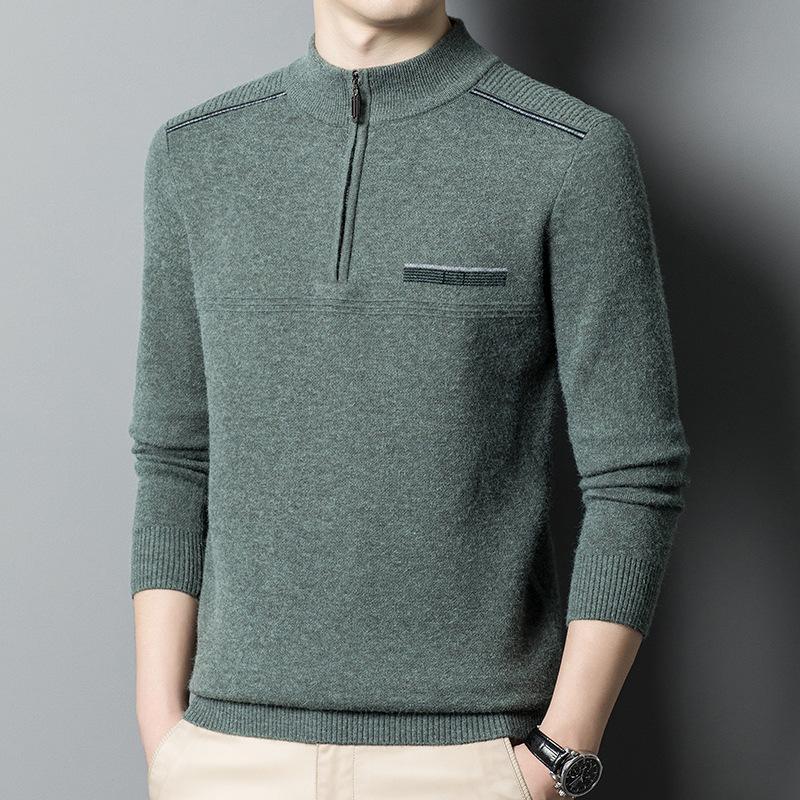 Зимний мужской шерстяной свитер, утолщенный свитер с застежкой-молнией и полуводолазкой, модный теплый вязаный свитер для папы для мужчин